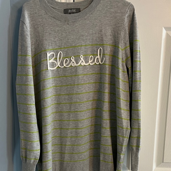 Marled Tops - Marled Gray and Green Striped Sweater